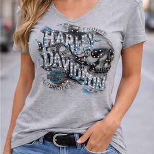 Harley-Davidson Grey V-Neck Tee with Blue and Black Skull Graphic